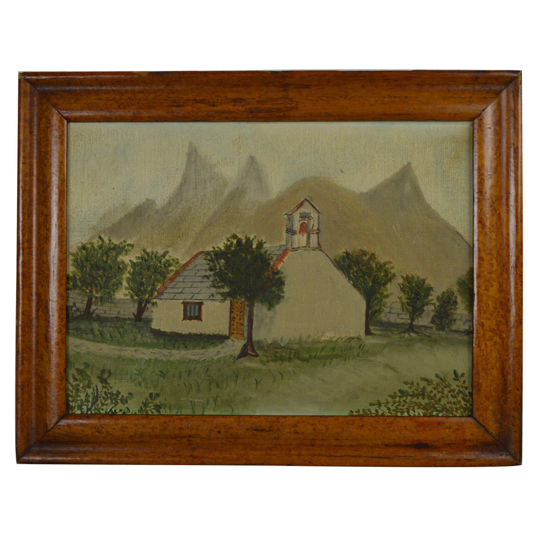 Naive Painting of a Church in an Alpine Landscape, Late 19th Century