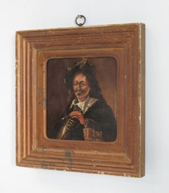 Naive Portrait of a Gentleman with Pipe, English Oil Painting, Oak Panel, 18th C