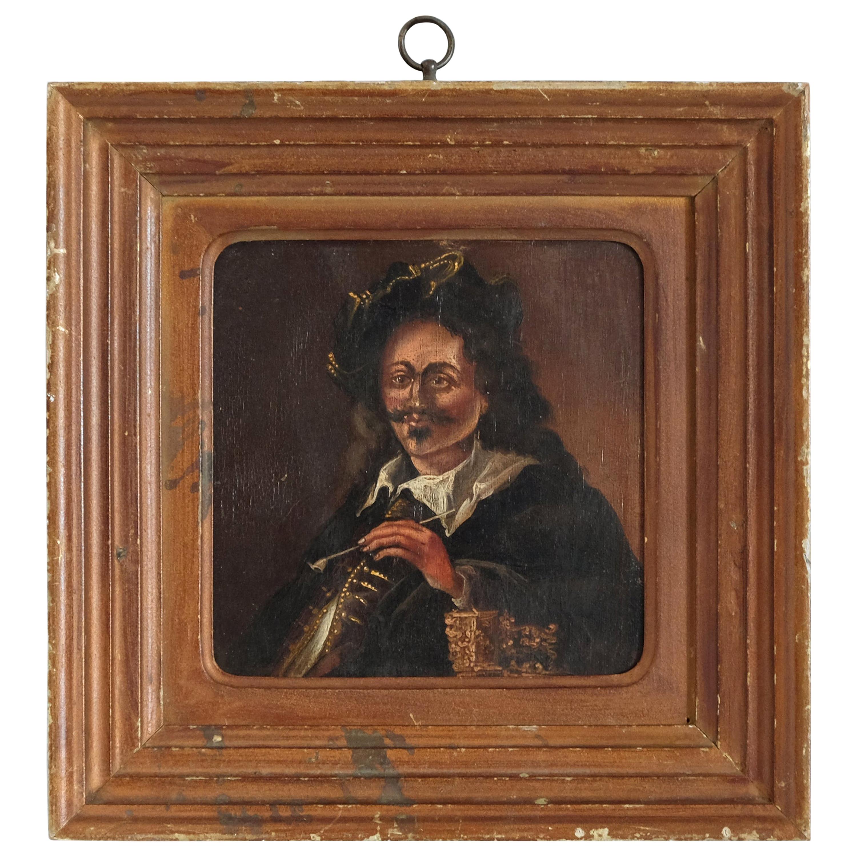 Naive Portrait of a Gentleman with Pipe, English Oil Painting, Oak Panel, 18th C For Sale