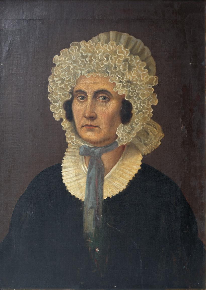  Naive Porträt einer Frau in einer Frilly Bonnet, antikes Original-Ölgemälde (Frühviktorianisch) im Angebot