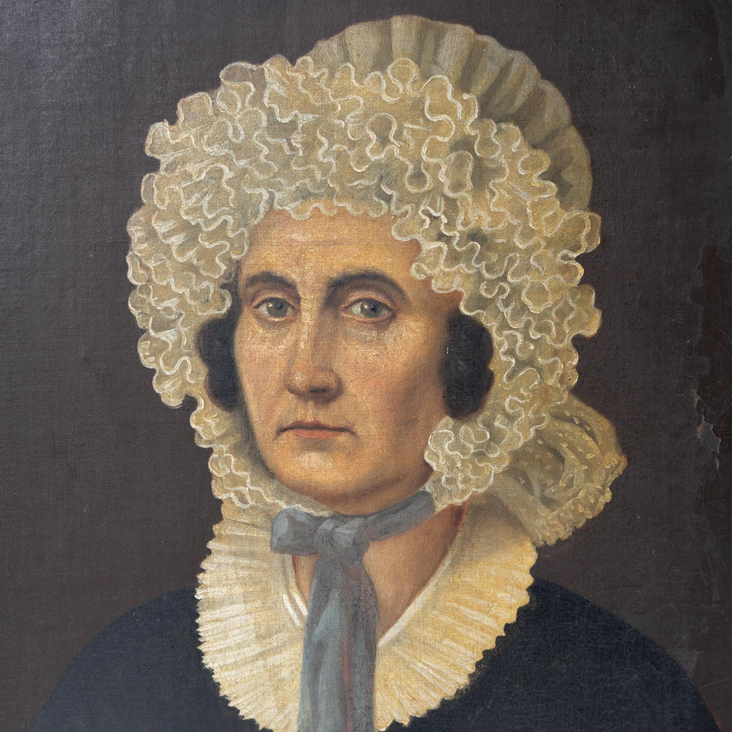  Naive Porträt einer Frau in einer Frilly Bonnet, antikes Original-Ölgemälde (Handbemalt) im Angebot