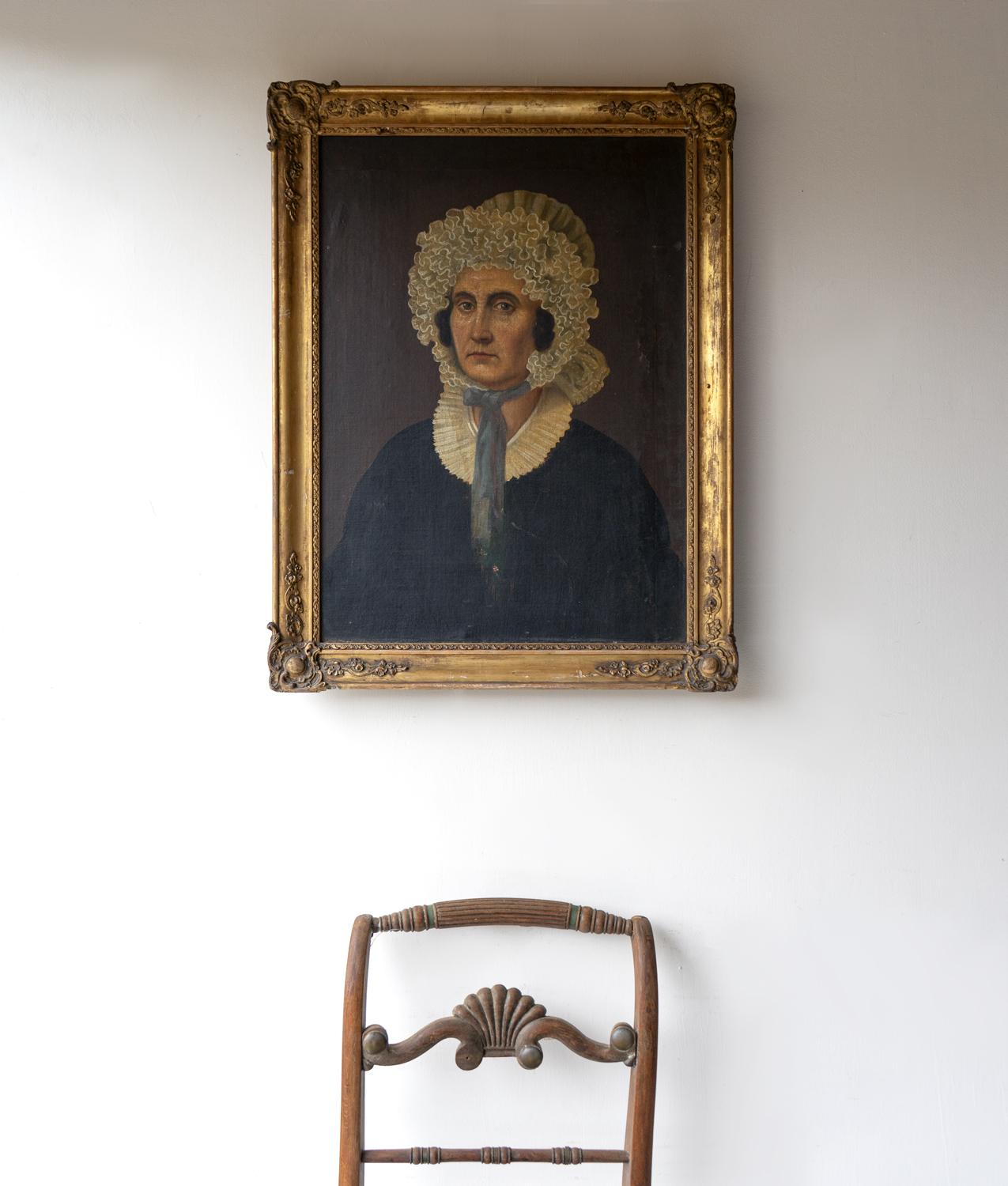  Naive Porträt einer Frau in einer Frilly Bonnet, antikes Original-Ölgemälde im Angebot 2