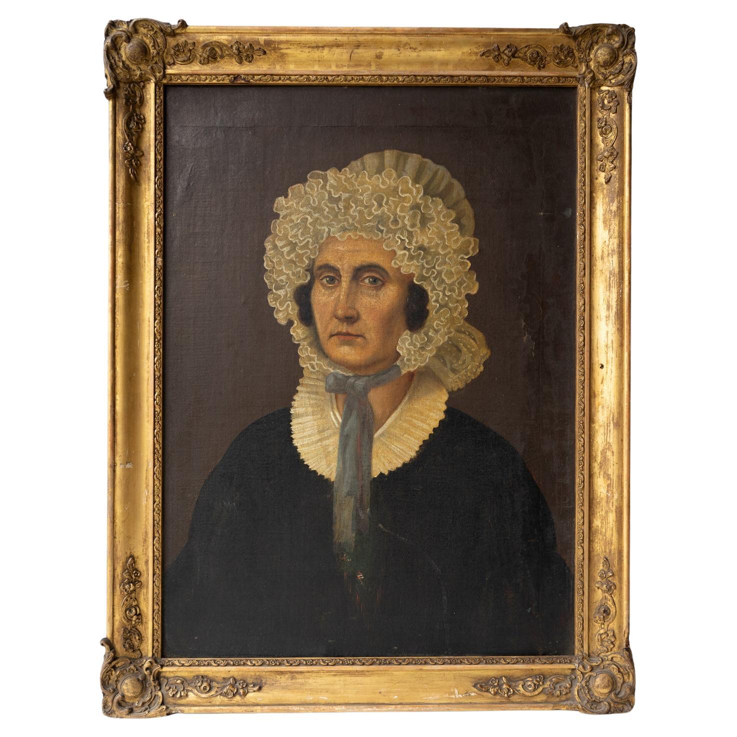  Naive Portrait Of A Woman In A Frilly Bonnet, Antique Original Oil Painting For Sale