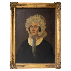  Naive Porträt einer Frau in einer Frilly Bonnet, antikes Original-Ölgemälde