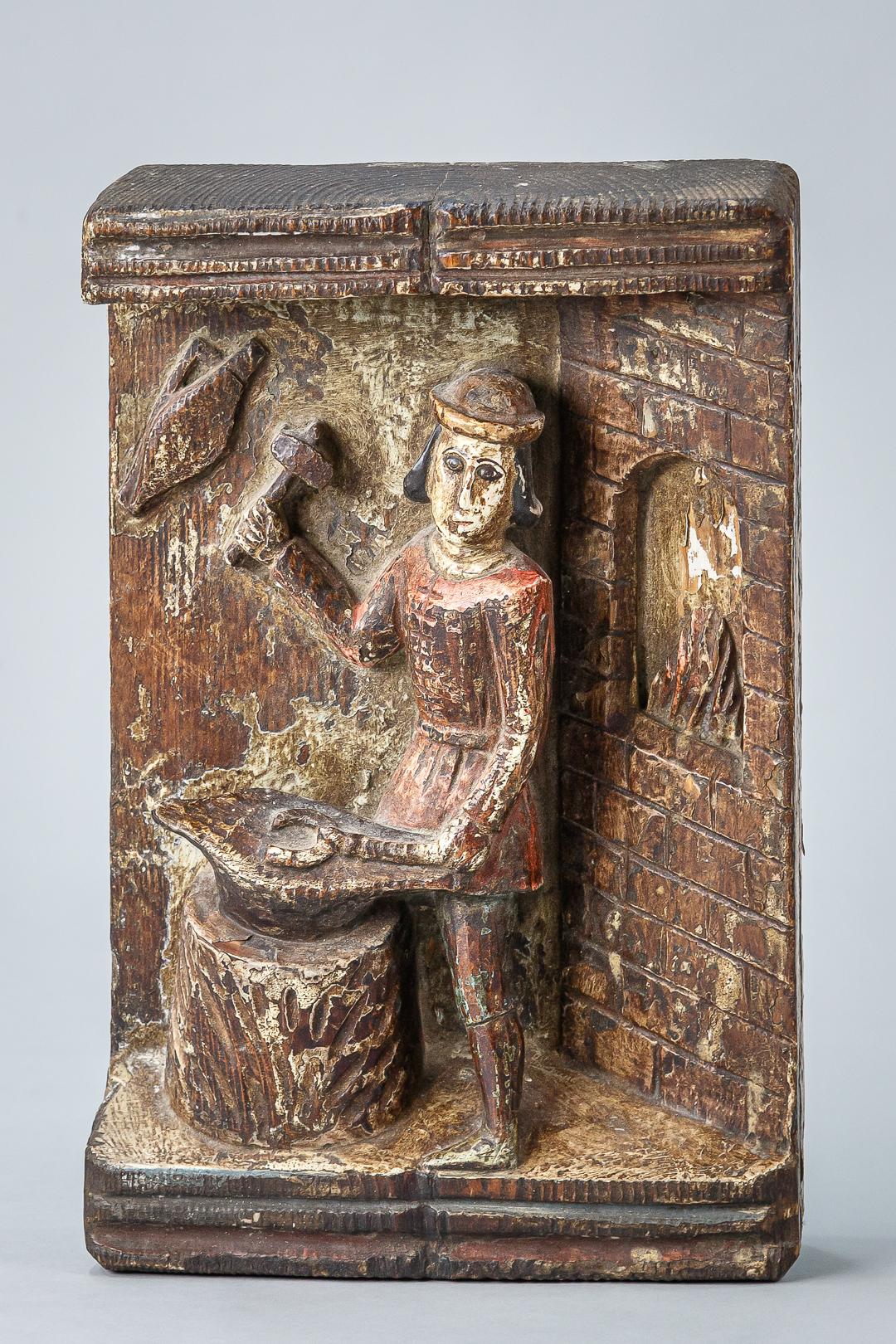 Naïve Relief Wood Carved and Original Polychrome Blacksmith In Fair Condition In Pease pottage, West Sussex