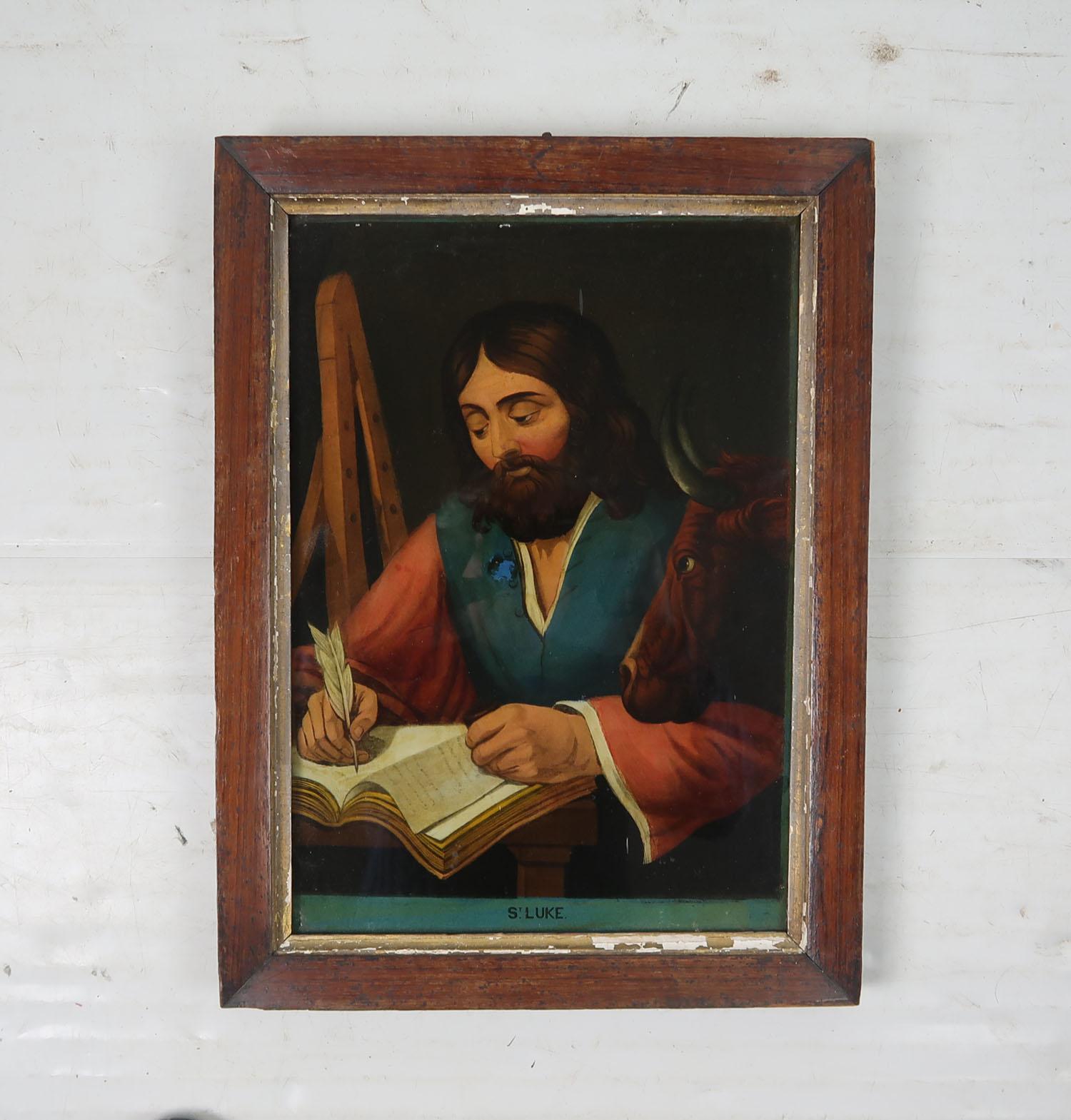 Wonderful naive painting of St. Luke.

Artist unknown

Revese glass painted

Original slightly distressed rosewood and gesso frame.

Rather crude old re-paint to the button area of the blue garment. See image

The measurement given is the