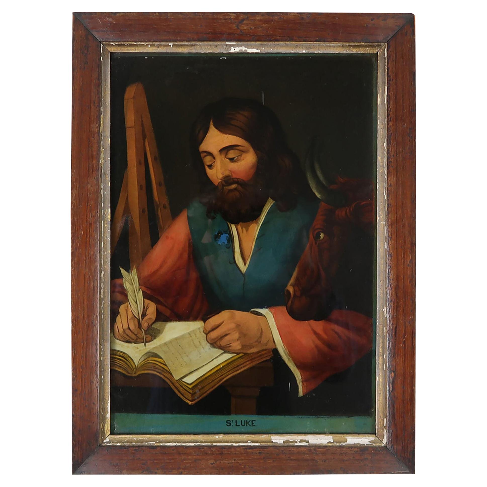 Naive Revese Glass Painting of St. Luke. English, circa 1840