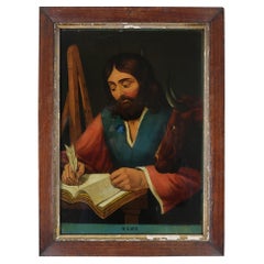 Naive Revese Glass Painting of St. Luke. English, circa 1840