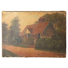 Naive School, Antique Oil Depicting a Pretty Bungalow, Early 20th Century