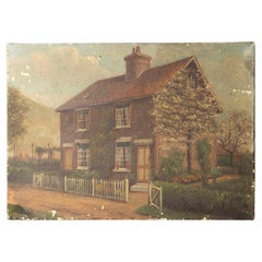 Naive School, Antique Original Oil on Canvas Painting Depicting a Pretty Cottage