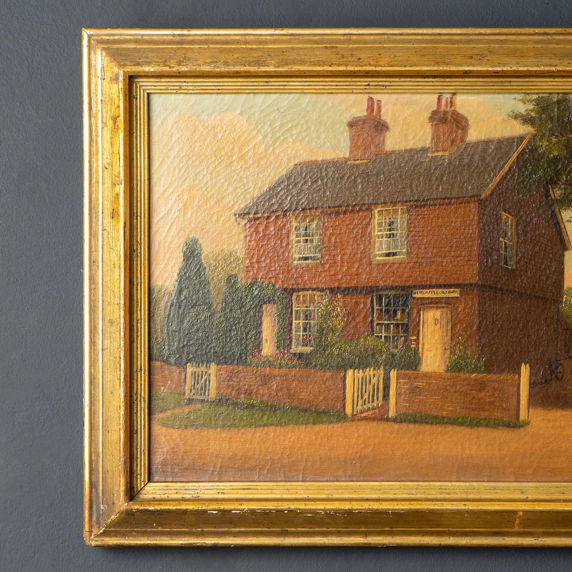 Canvas Naive School, Antique Oil Depicting Newchapel Post Office, Early 20th Century