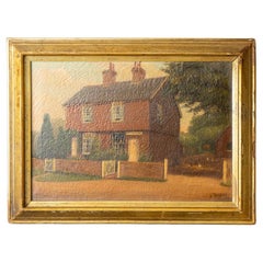 Naive School, Antique Oil Depicting Newchapel Post Office, Early 20th Century