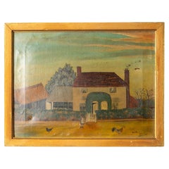 Naive School, Antique Oil on Canvas Depiction of a Farm, 19th Century