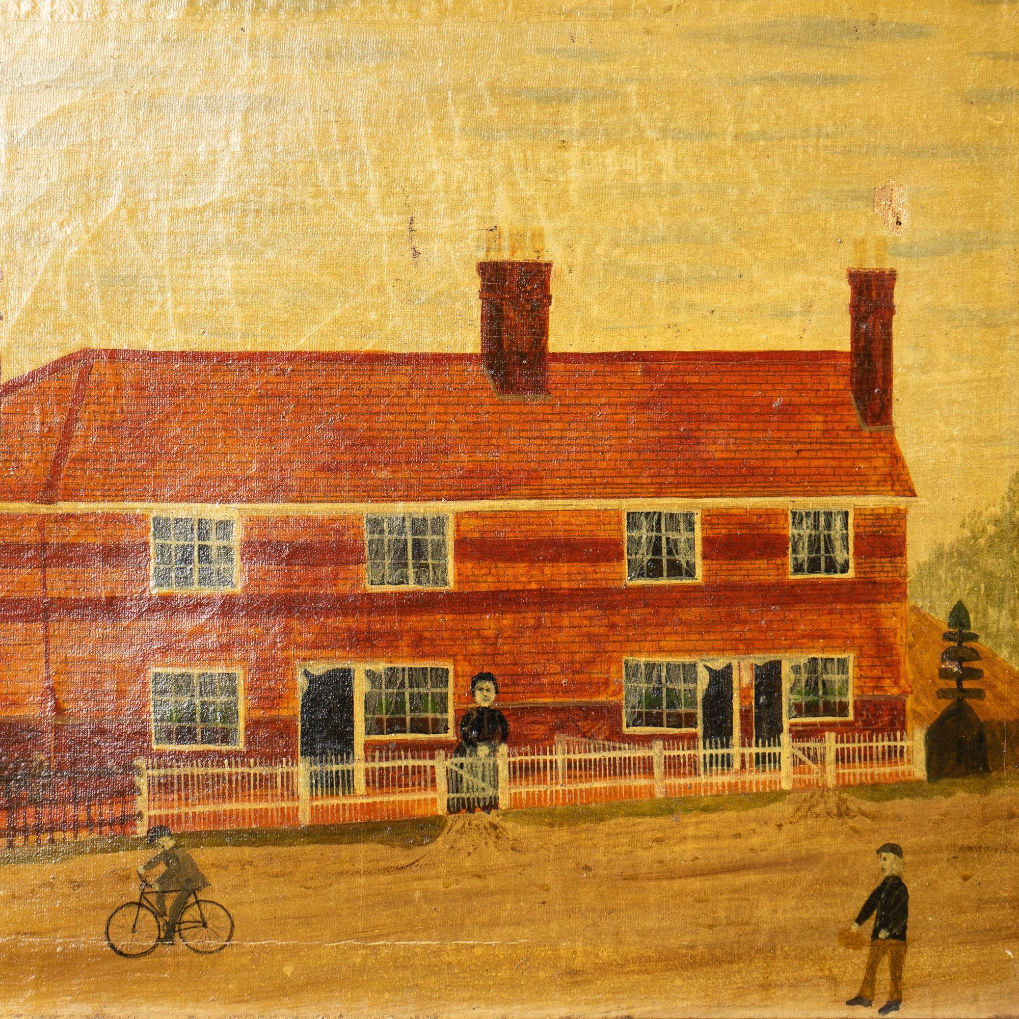 ANTIQUE ORIGINAL VICTORIAN FOLK ART PAINTING
Depicting a neat little row of brick-built workers' cottages in a rural setting with the most charming figures, a woman in a bonnet in her front garden and two men passing by in the street, one on foot