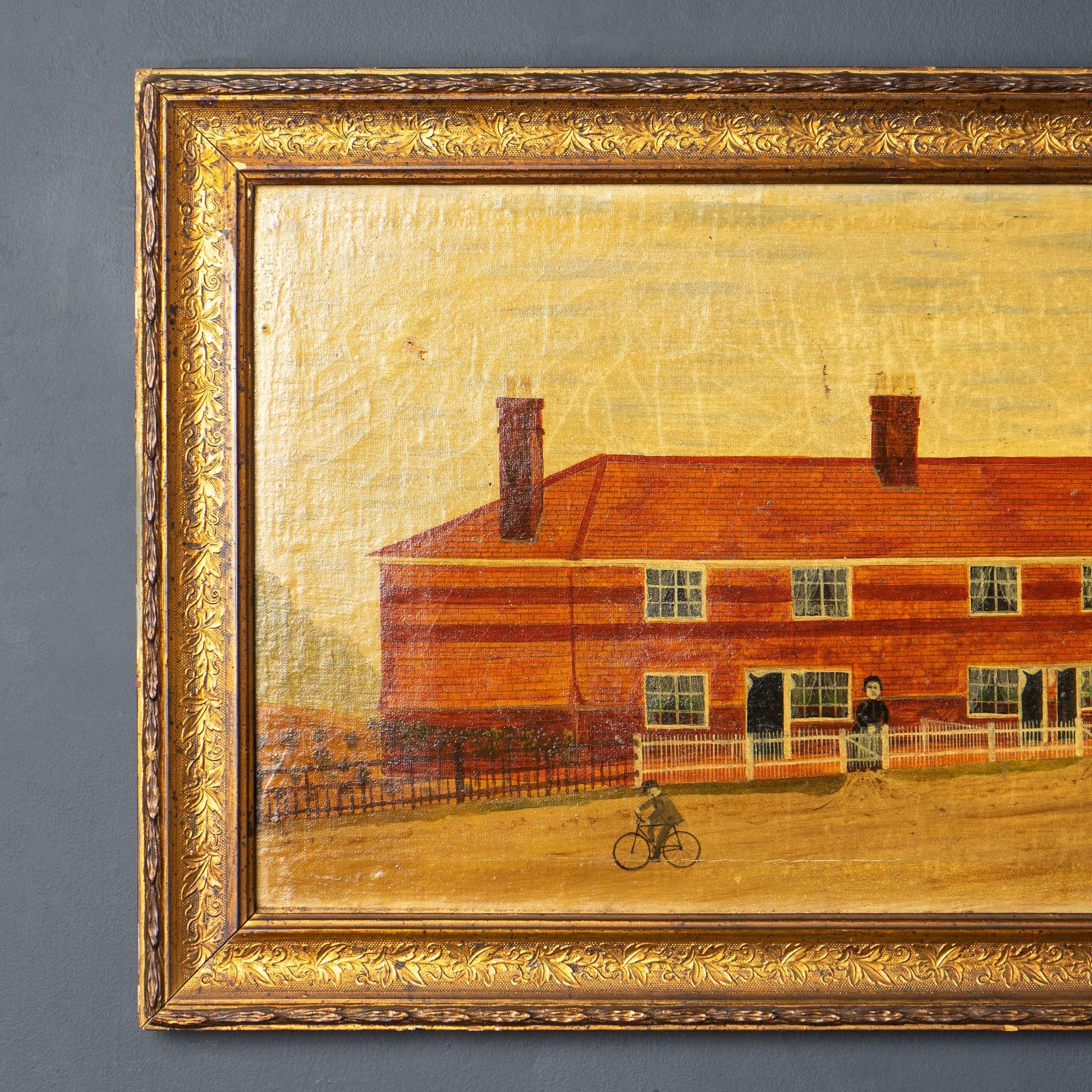 Painted Naive School, Antique Oil On Canvas Depiction Of A Sussex Village Scene, 1800's