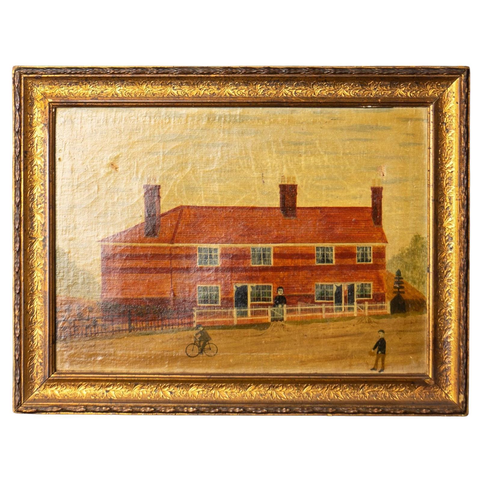 Naive School, Antique Oil On Canvas Depiction Of A Sussex Village Scene, 1800's