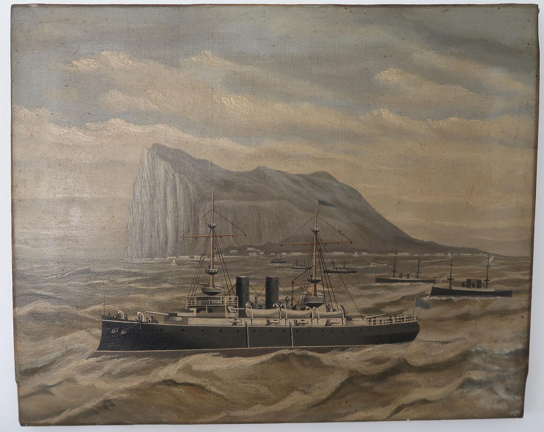 Wonderful naive oil painting of warships off Gibraltar

Great muted colors in unrestored condition

Oil on canvas. Unframed

Unsigned. Artist unknown.








  