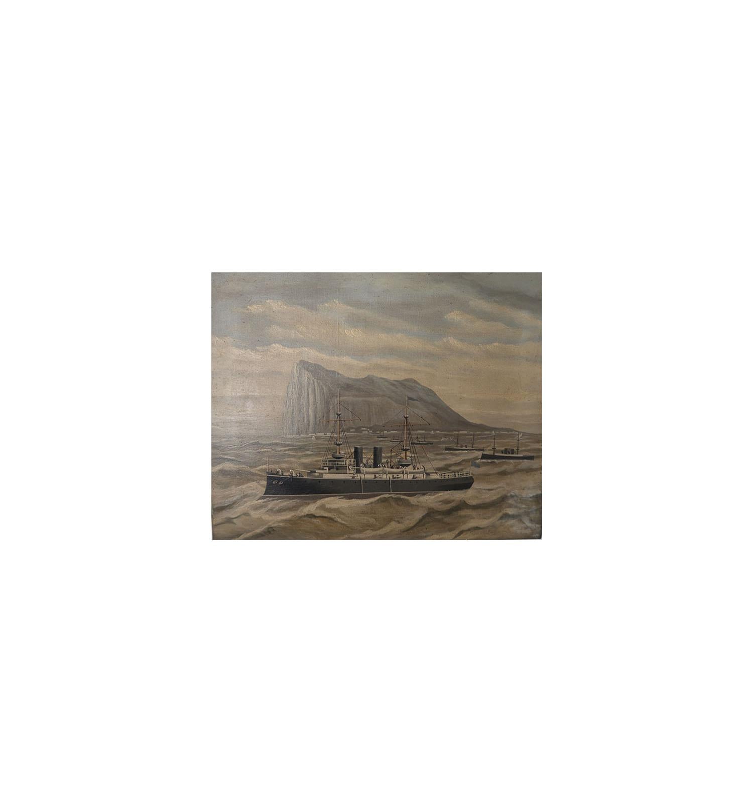 Folk Art Naive School Marine Oil Painting, Warships off Gibraltar, C.1910