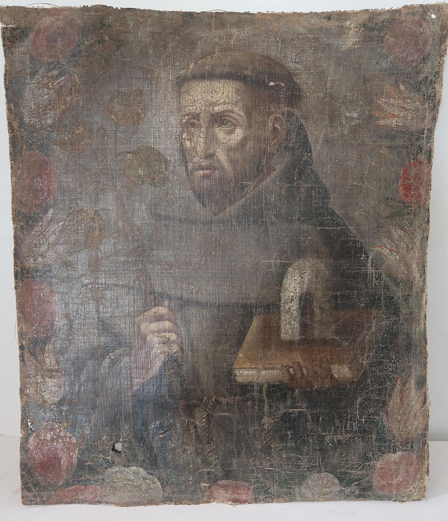 Wonderful naive oil painting of a monk

Great muted colors in unrestored condition

Oil on canvas. No stretcher. There is another religious painting on the verso

Unsigned. Artist unknown

I am suggesting the painting is 17th Century going