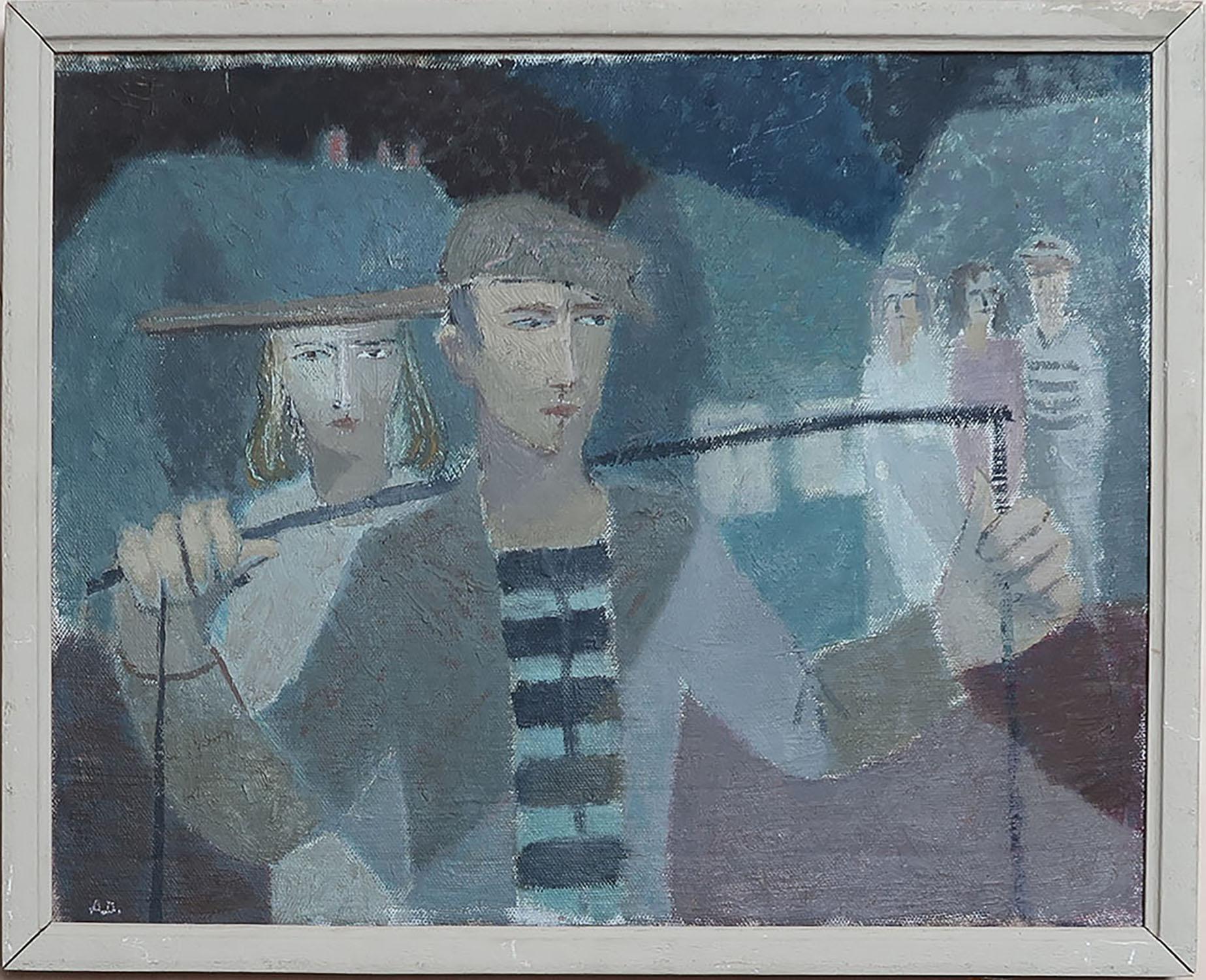 Delightful naive painting of possibly fisherfolk. 

Most likely French. Possibly Breton?

Amazing colours. 

Coarse canvas.

Artsist unknown. Initial A.D to bottom left.

Presented in its original painted frame.



        





















