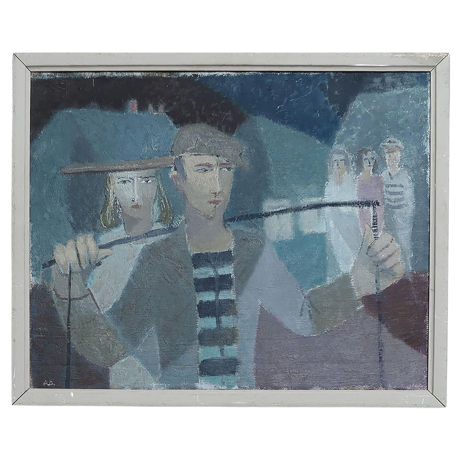 Pittura a olio naif di venditori ambulanti di pesce. C.1950