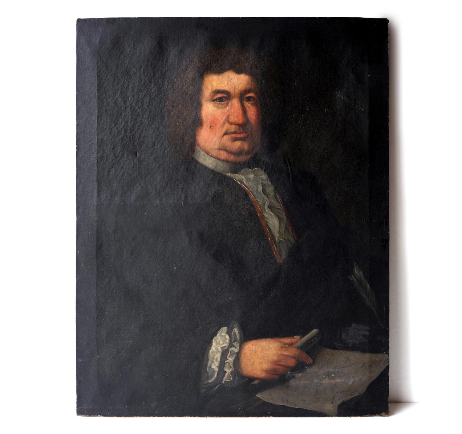 ANTIQUE ORIGINAL OIL ON CANVAS PAINTING DEPICTING A MALE SITTER

Depicting a rather portly man with a characterful face in a curly wig with a flouncy collar and sleeves. He is pointing at a map on his desk alongside a quill probably denting him as a