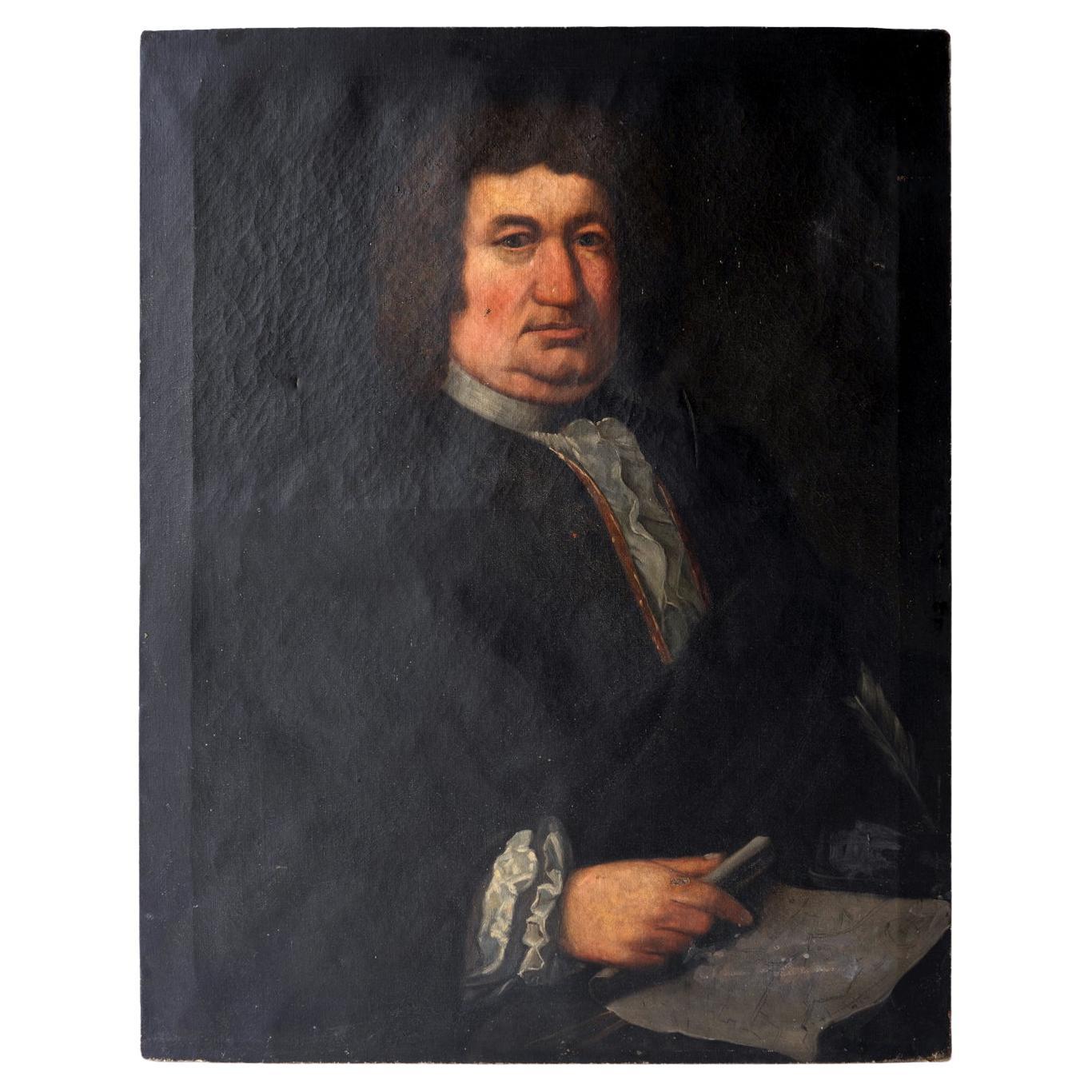 Naive School Portrait Of A Man With A Map, Original Antique Oil Painting For Sale