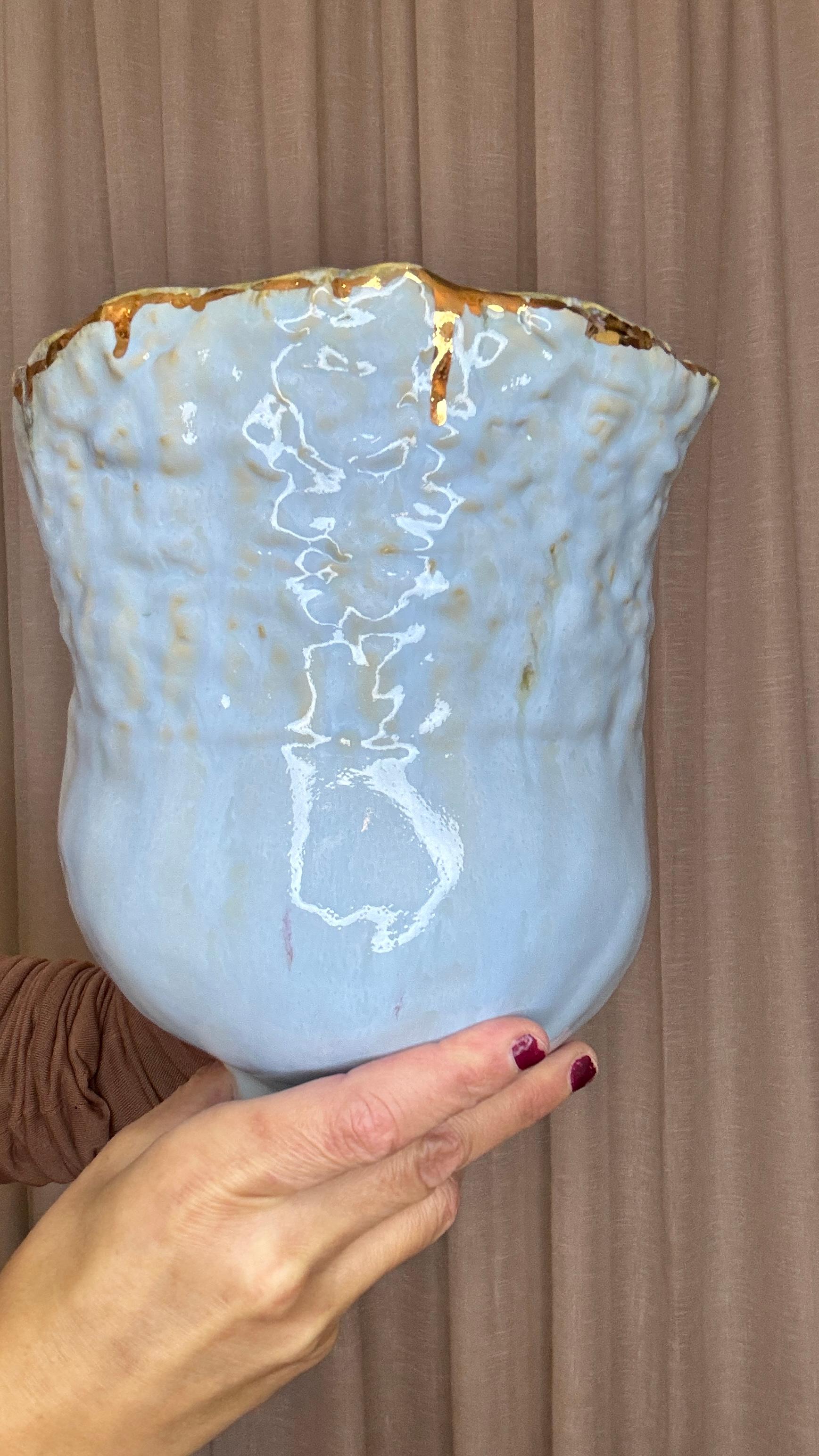 Naive Style Baby Blue Stoneware Vessel  by artist - designer Hania Jneid For Sale 4