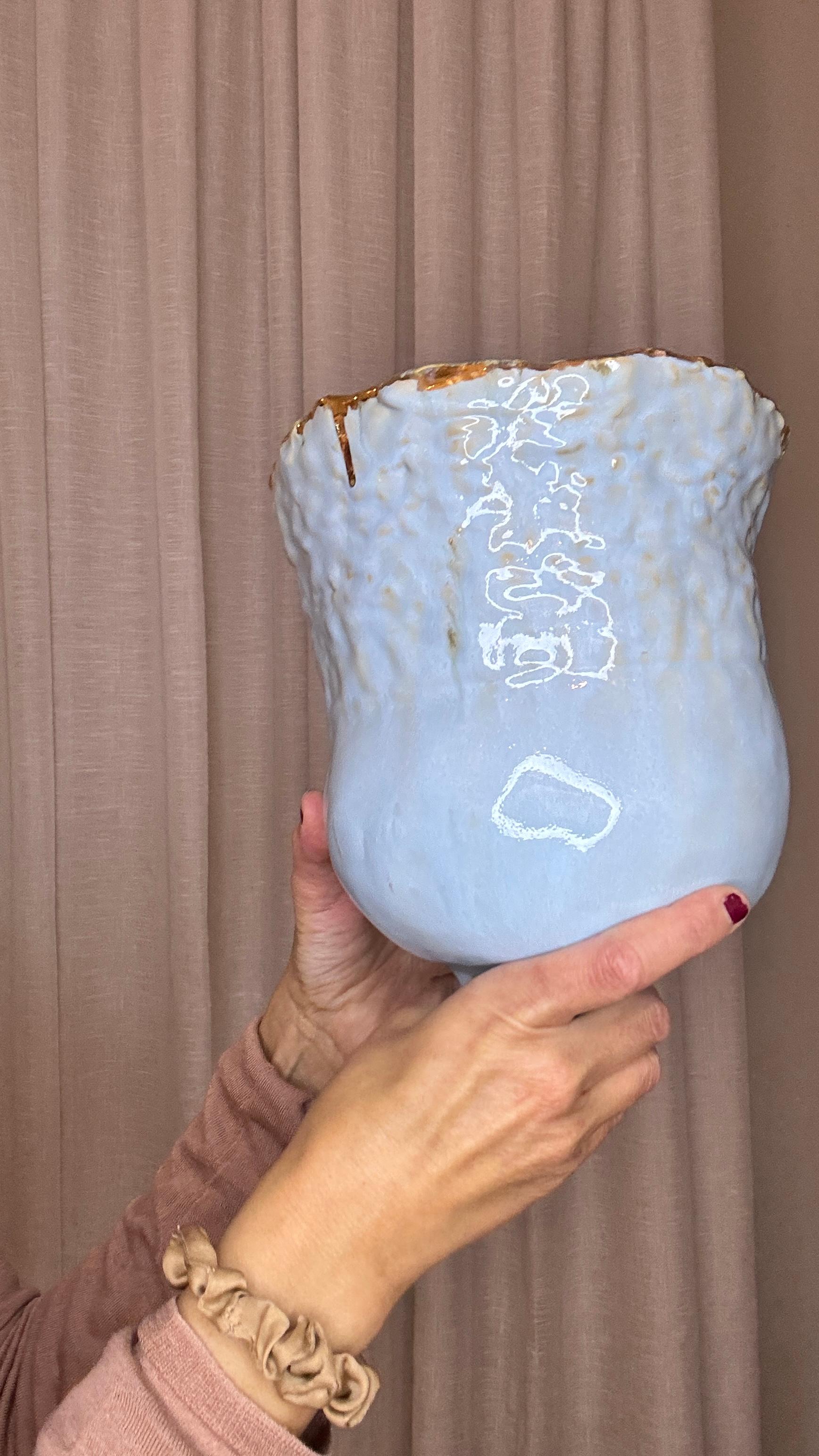 Naive Style Baby Blue Stoneware Vessel  by artist - designer Hania Jneid For Sale 5