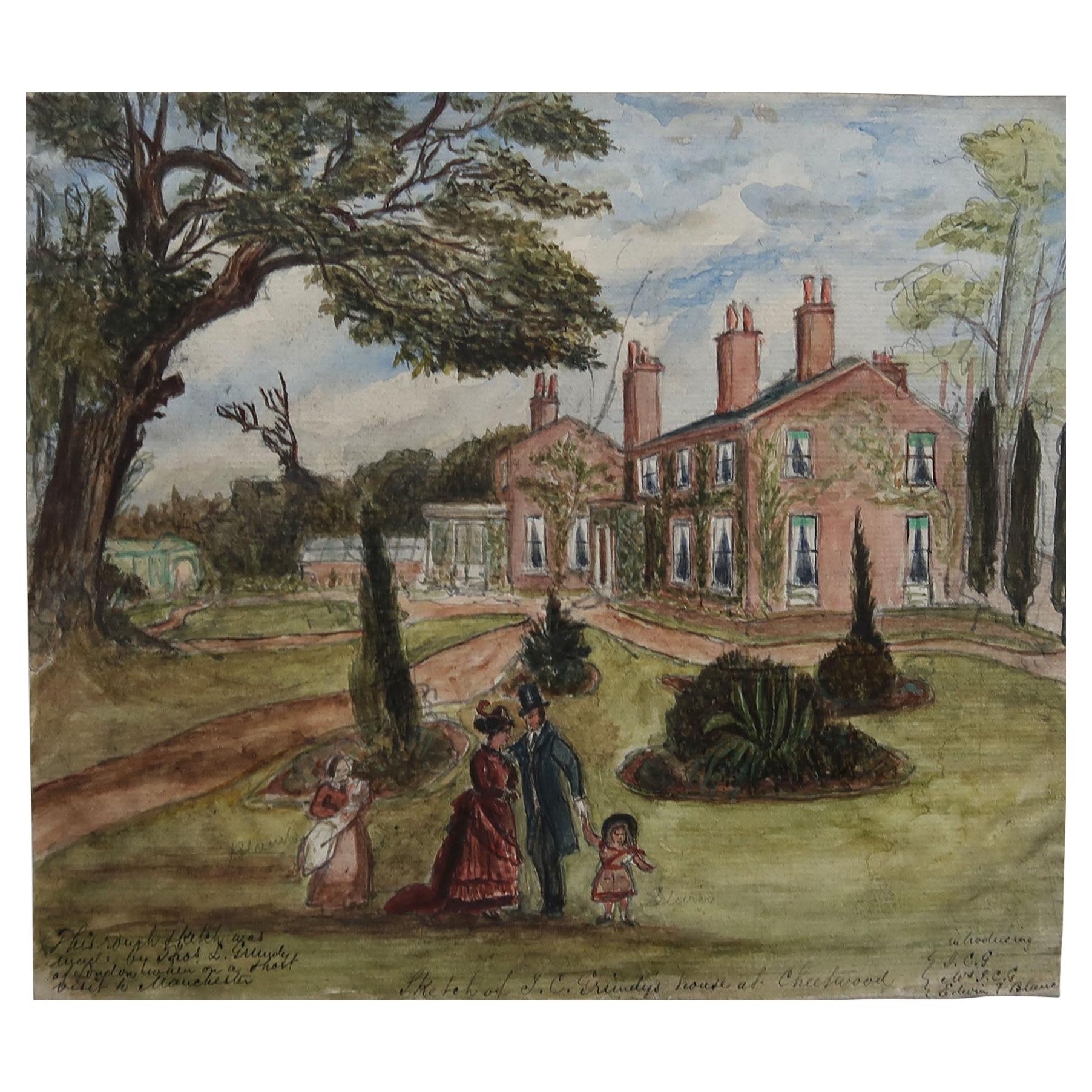 Naive Watercolour Drawing of an English Country House and Garden, C.1850