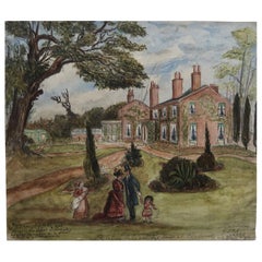 Naive Watercolour Drawing of an English Country House and Garden