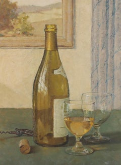 NAJ - Huile encadrée du milieu du XXe siècle, bouteille de vin et verres
