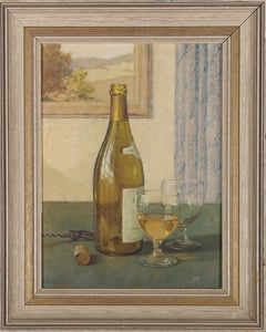 Vintage NAJ - Framed Mid 20th Century Oil, Wine Bottle and Glasses