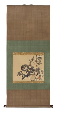 Morning Glory in a flower pot, sumi-e ink, scroll (#000721)