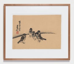 Sparrows, Sumi-e Ink on Paper, Signed Kahô, Japan, 1919 (#000036)