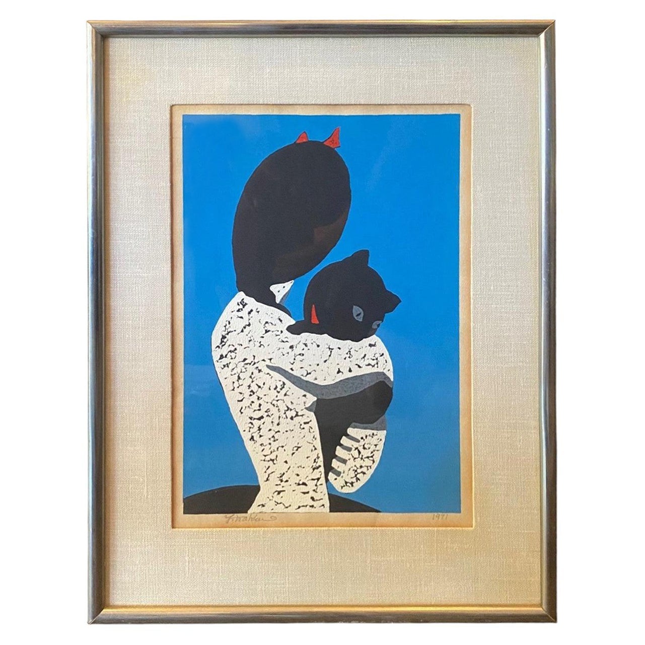 Nakao Yoshitaka Signierter Japanischer Farbholzschnitt Die Schwarze Katze (Teuflisches Mädchen) im Angebot