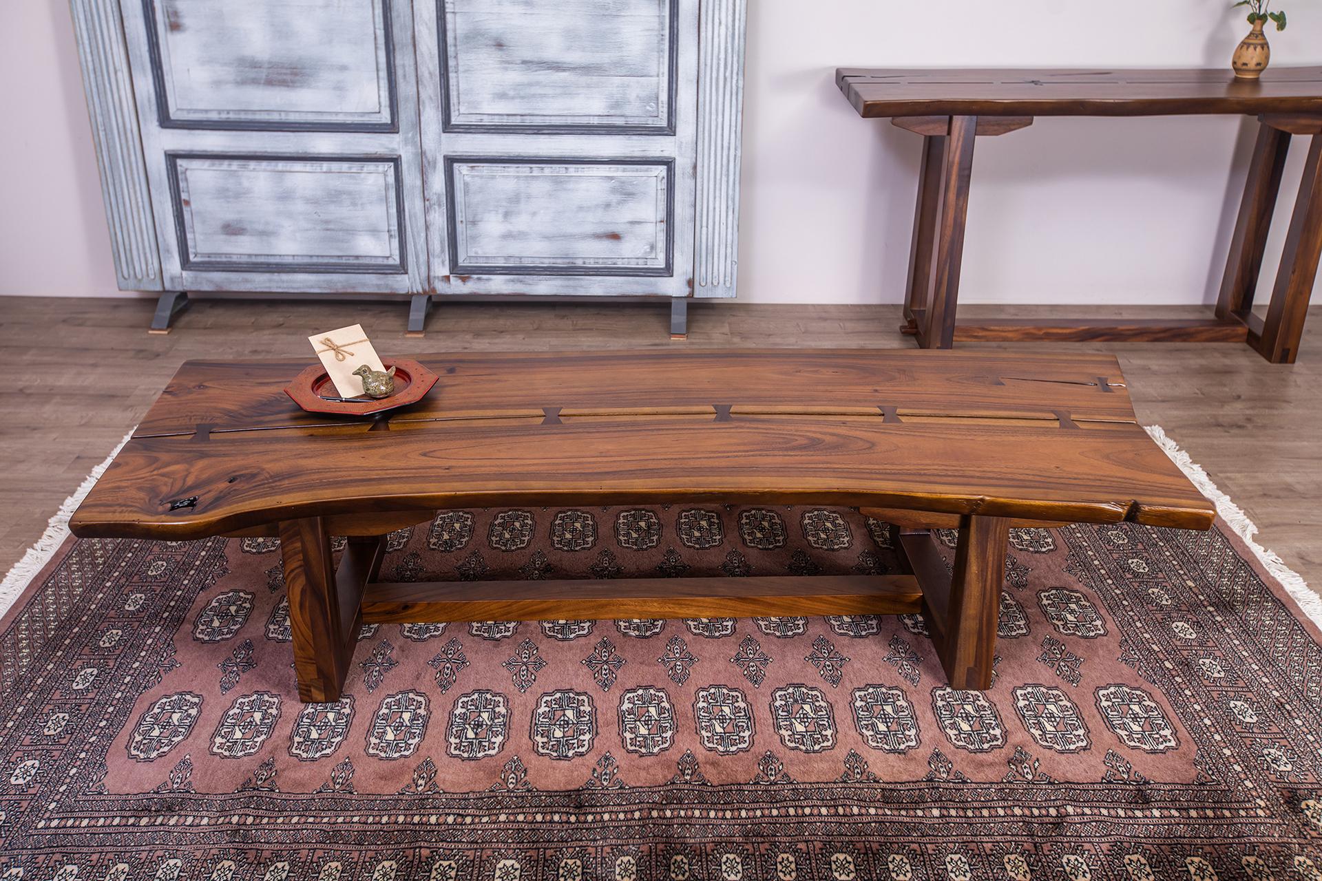 Thai Nakashima Inspired Acacia Mirrored Live Edge Slab Coffee Table