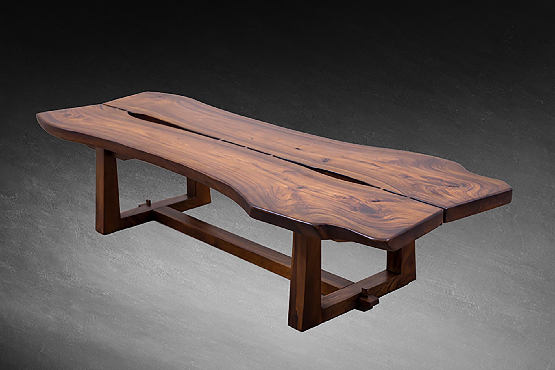 Hand-Crafted Nakashima Inspired Acacia Mirrored Live Edge Slab Coffee Table For Sale