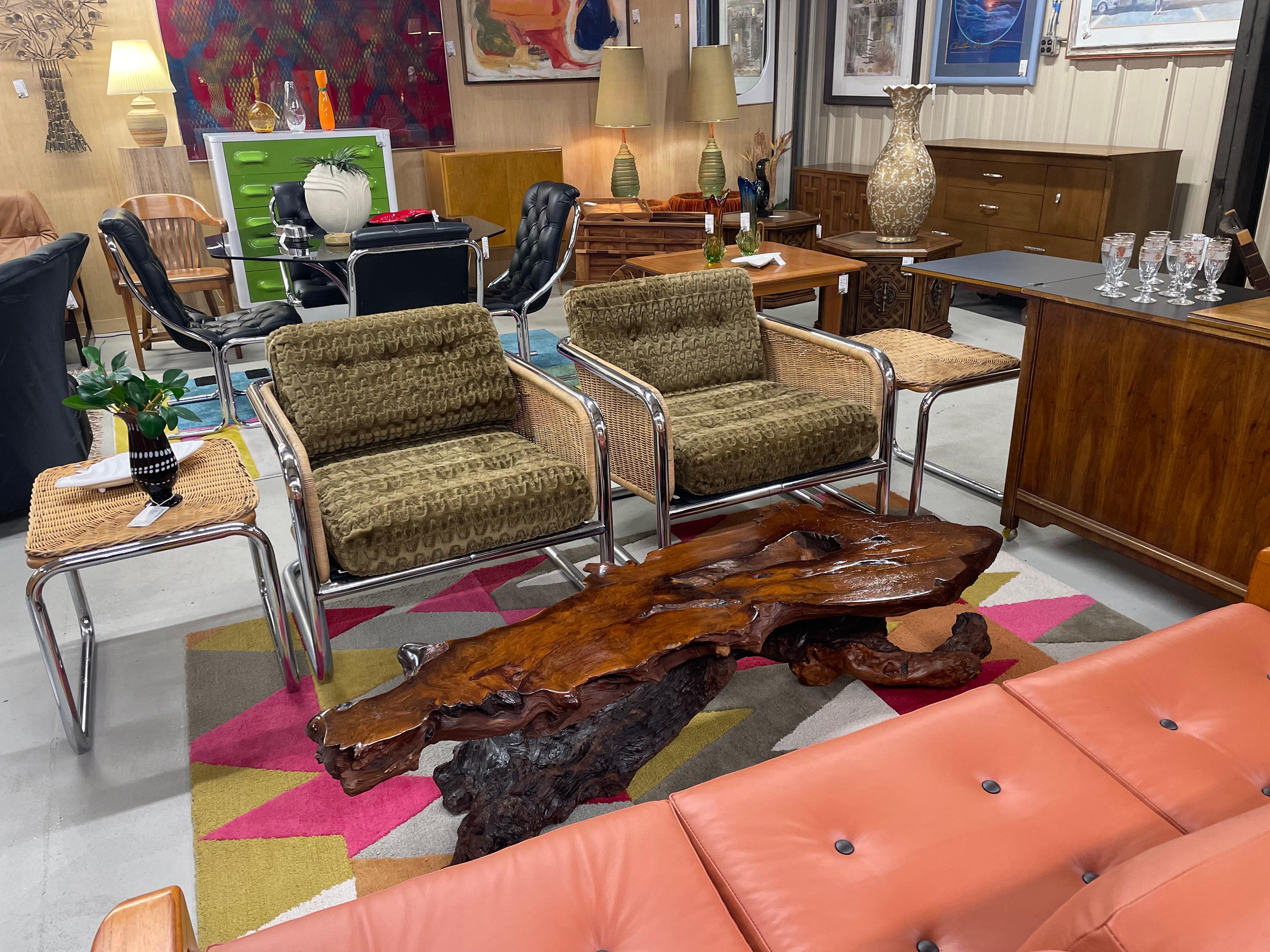 Pictures simply don't convey the true magnificence of this piece. A sight to behold in person.  This dazzling George Nakashima style redwood slab top is supported by a massive, marbled burl knotted root.  An awesome representation of a live-edge