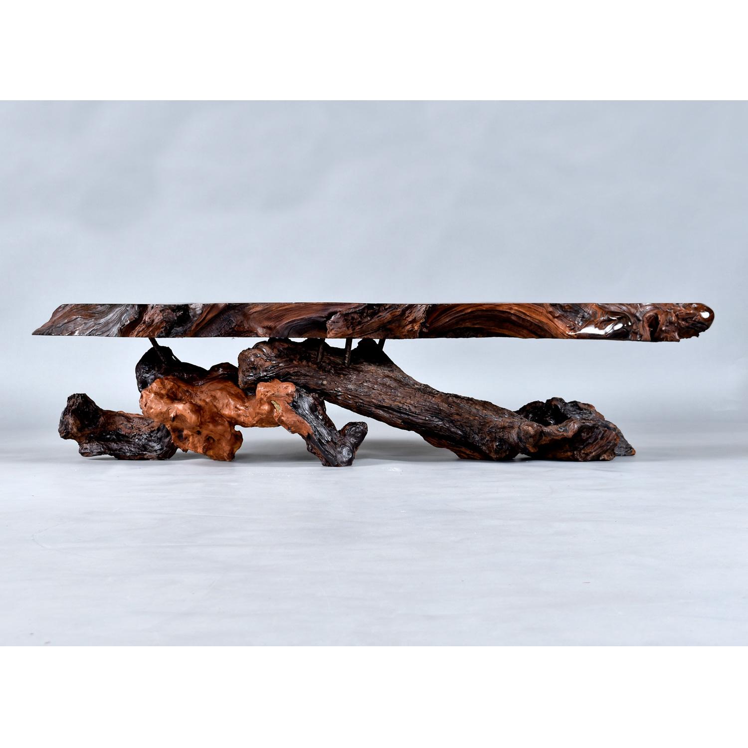 Mid-Century Modern Nakashima Style Live Edge Redwood Burl Root Stump Slab Coffee Table For Sale
