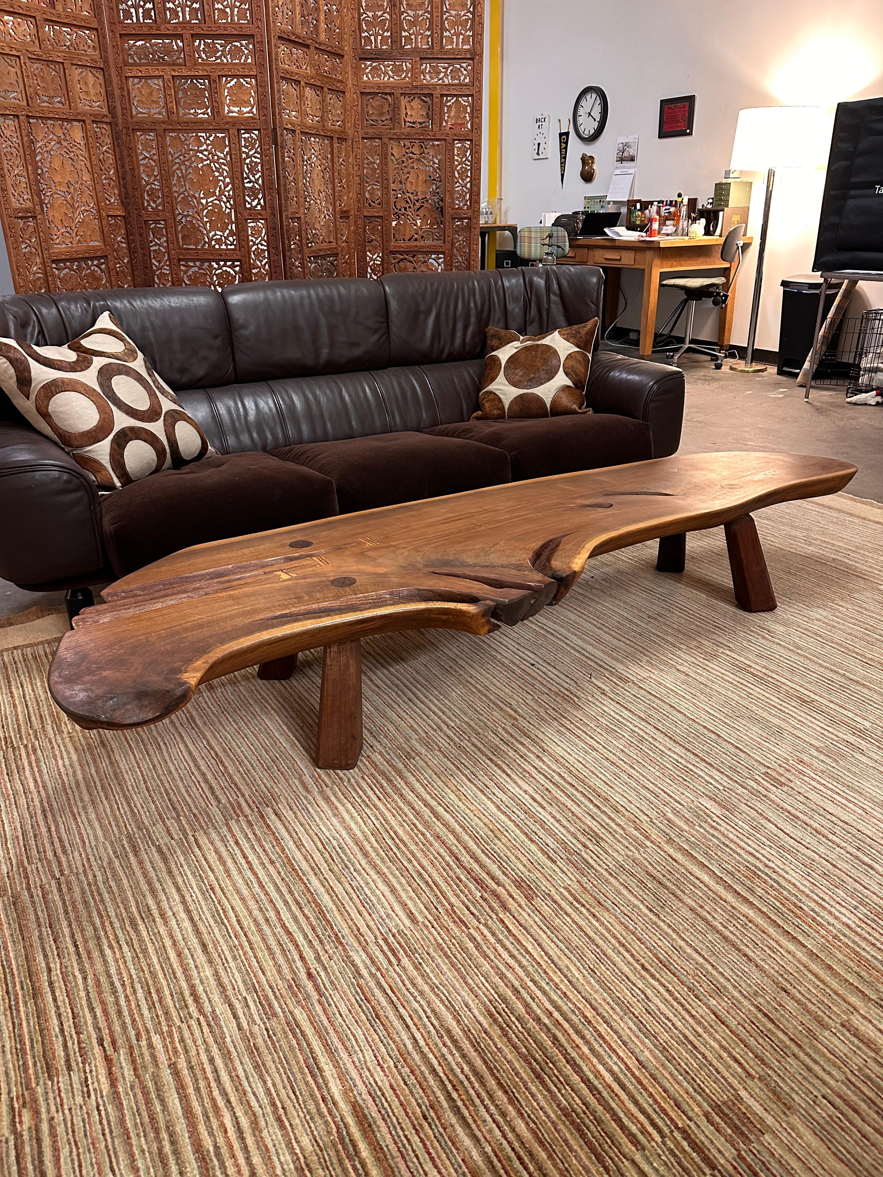 Hand-Carved Nakashima Style Live Edge Walnut Slab Coffee Table For Sale