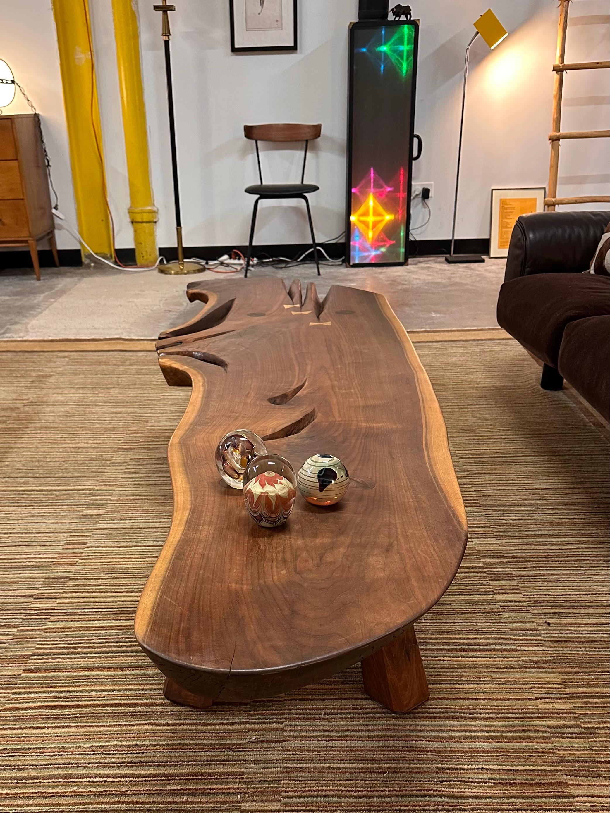 Nakashima Style Live Edge Walnut Slab Coffee Table In Good Condition For Sale In Skokie, IL