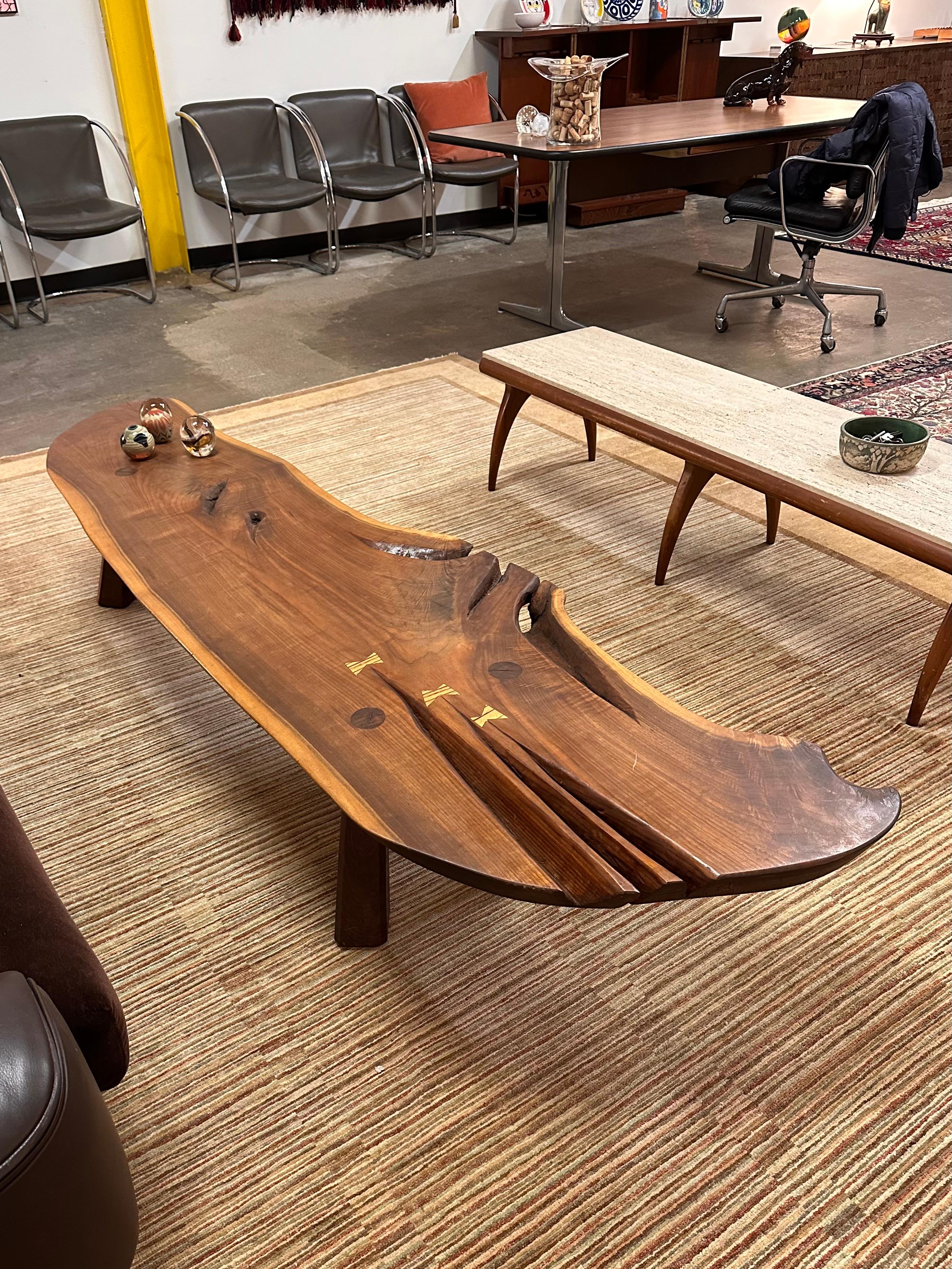Oak Nakashima Style Live Edge Walnut Slab Coffee Table For Sale