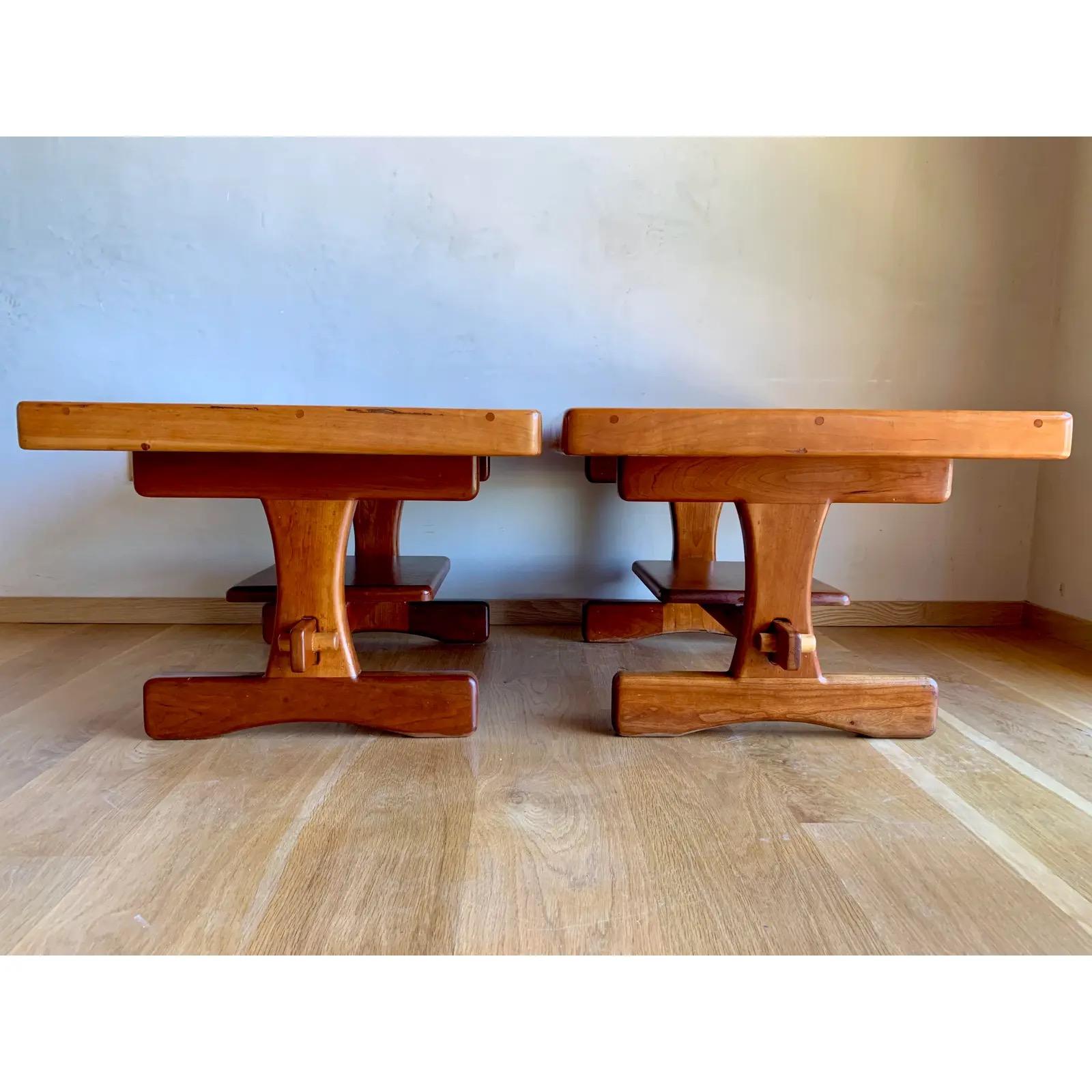 Nakashima Style Solid Redwood and Mahogany American Craft Trestle Tables-a pair For Sale 5