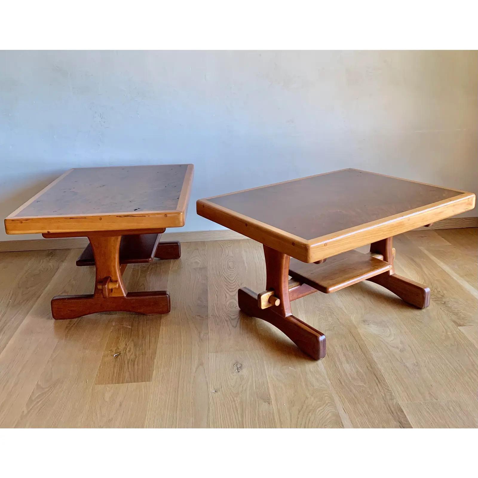 Nakashima Style Solid Redwood and Mahogany American Craft Trestle Tables-a pair In Good Condition For Sale In El Cajon, CA