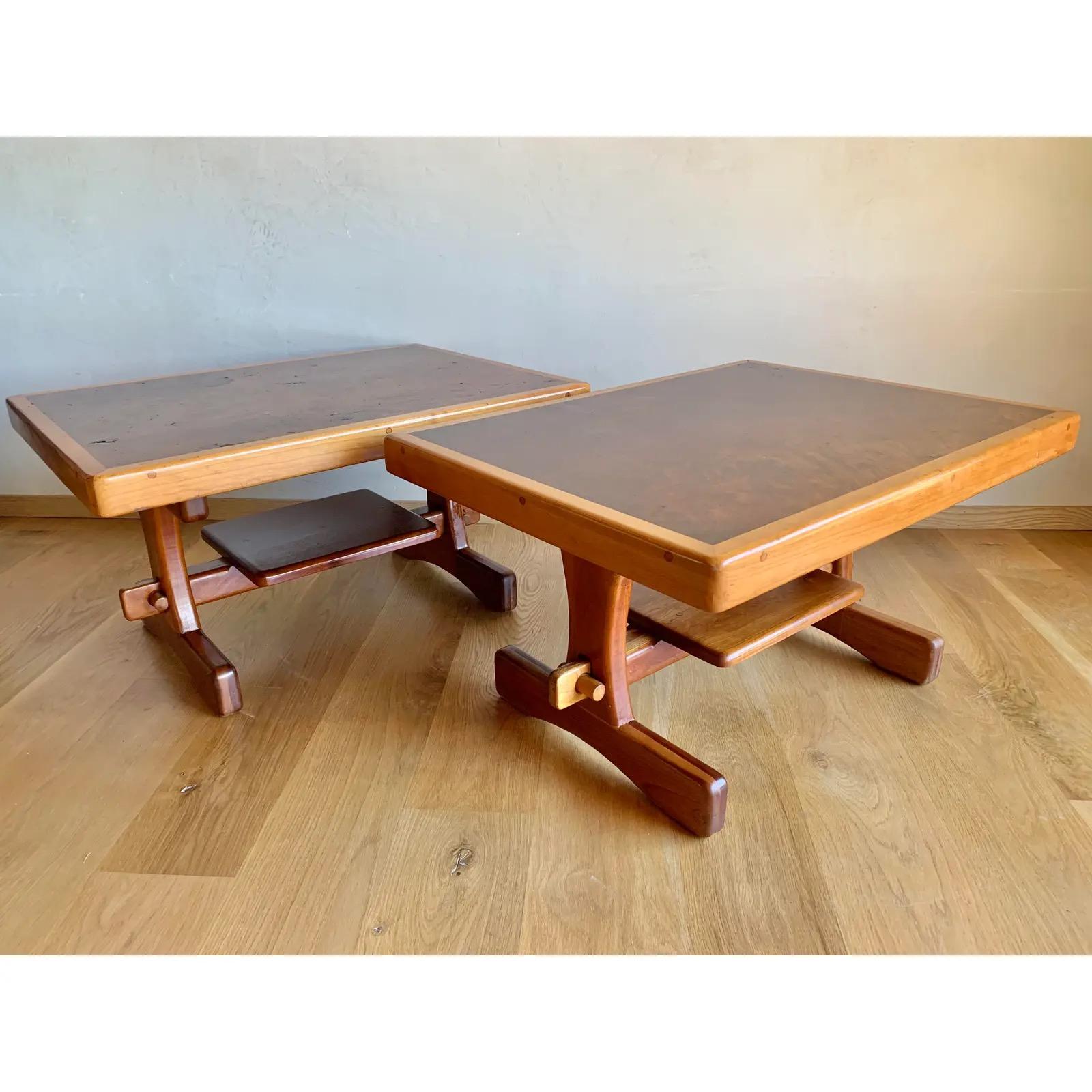 Late 20th Century Nakashima Style Solid Redwood and Mahogany American Craft Trestle Tables-a pair For Sale