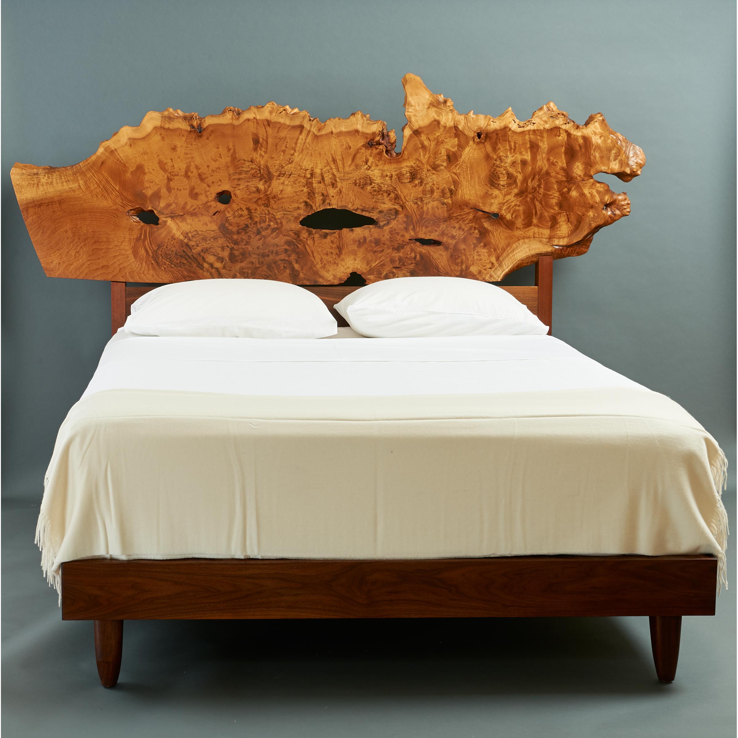 Nakashima Unique Exceptional Queen Bed with Live-Edge Headboard in Burl & Walnut 4