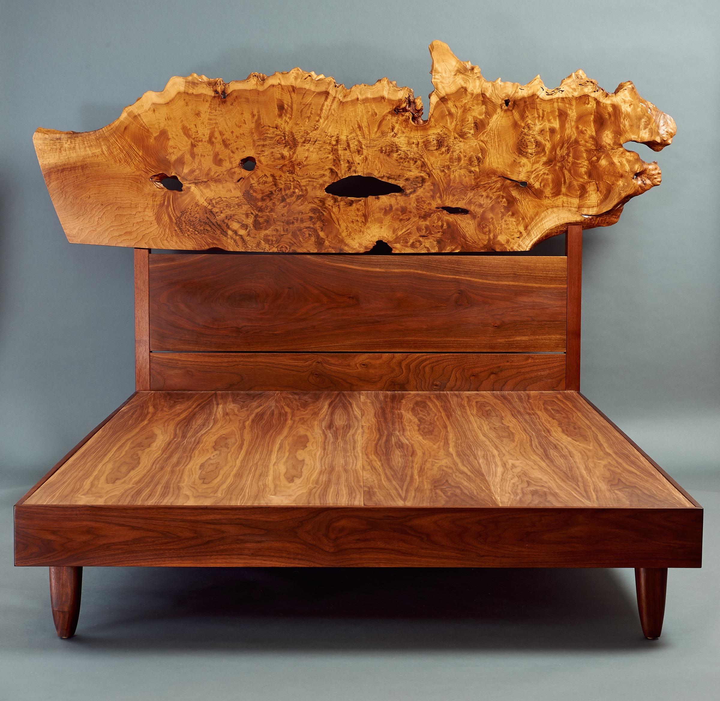 Mira Nakashima (b. 1942) 

A one of a kind, queen-size bed with an exquisite free-form headboard in myrtle burl and black walnut by Mira Nakashima, George Nakashima's heir. A master craftsperson who honed her artisan's hand and artist's eye at her