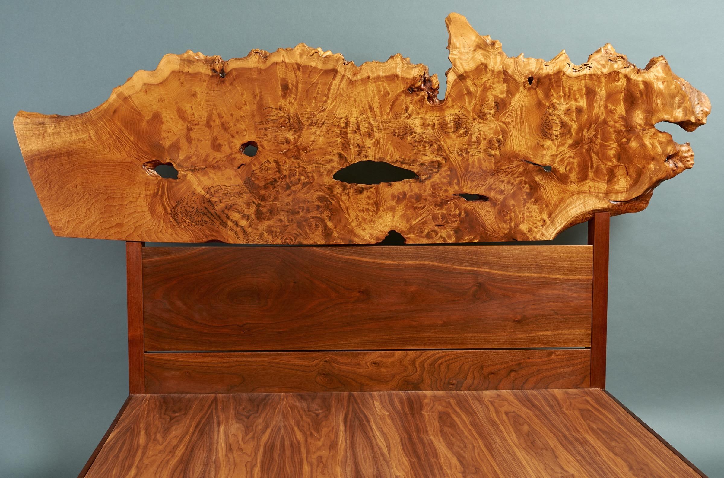 American Nakashima Unique Exceptional Queen Bed with Live-Edge Headboard in Burl & Walnut