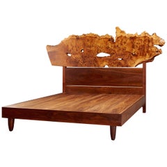 Nakashima Unique Exceptional Queen Bed with Live-Edge Headboard in Burl & Walnut